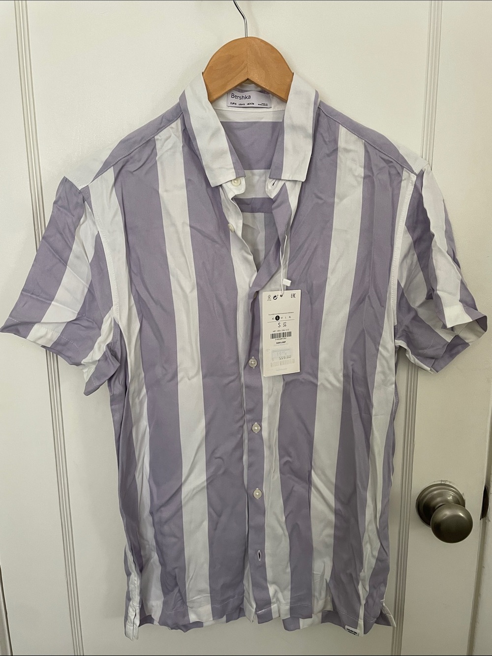 Bershka Lavender and White Vertical Stripe Short-Sleeve Shirt